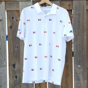 ADIDAS MAZDA Repeating Flags Print Golf Shirt Men's Medium POLO CANADA MEXICO